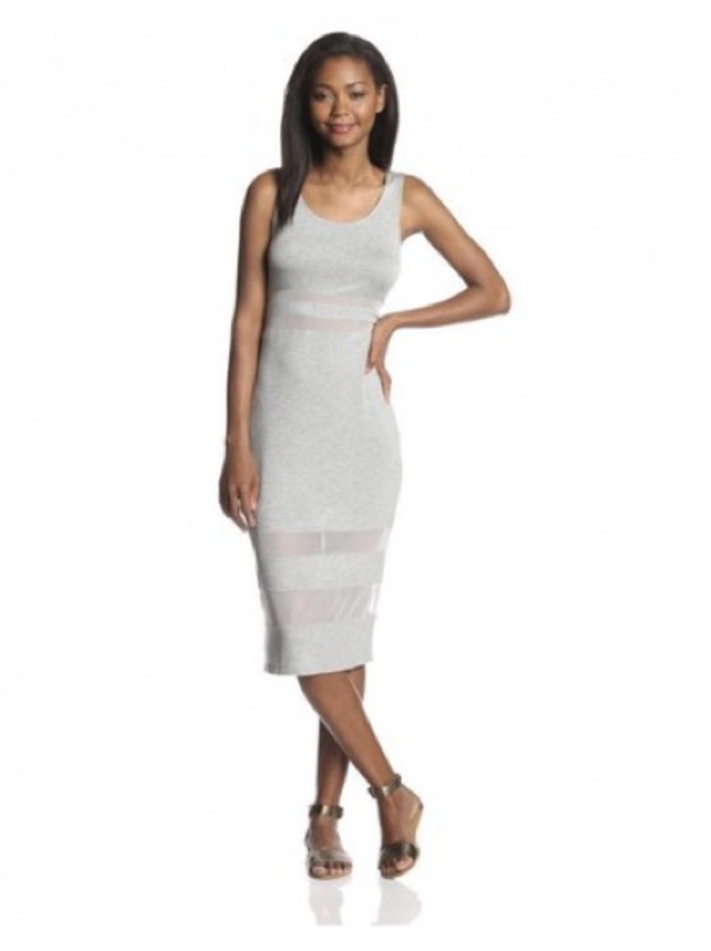 BCBG gray body-con dress featuring sheer mesh inset stripes. XXS.Excellent Cond.